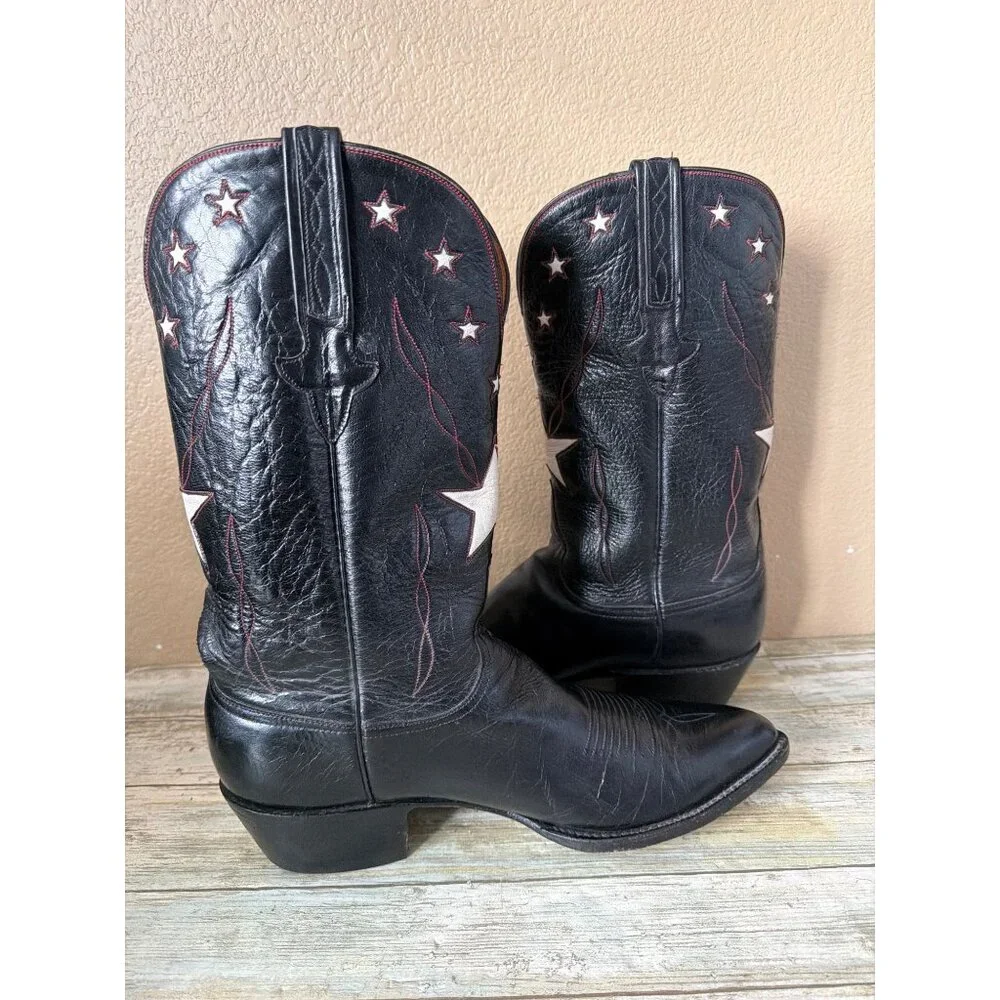 Lucchese Classics Star Inlay Cowboy Boots Black Leather USA Vintage 10.5 w/FLAW - Picture 4 of 16